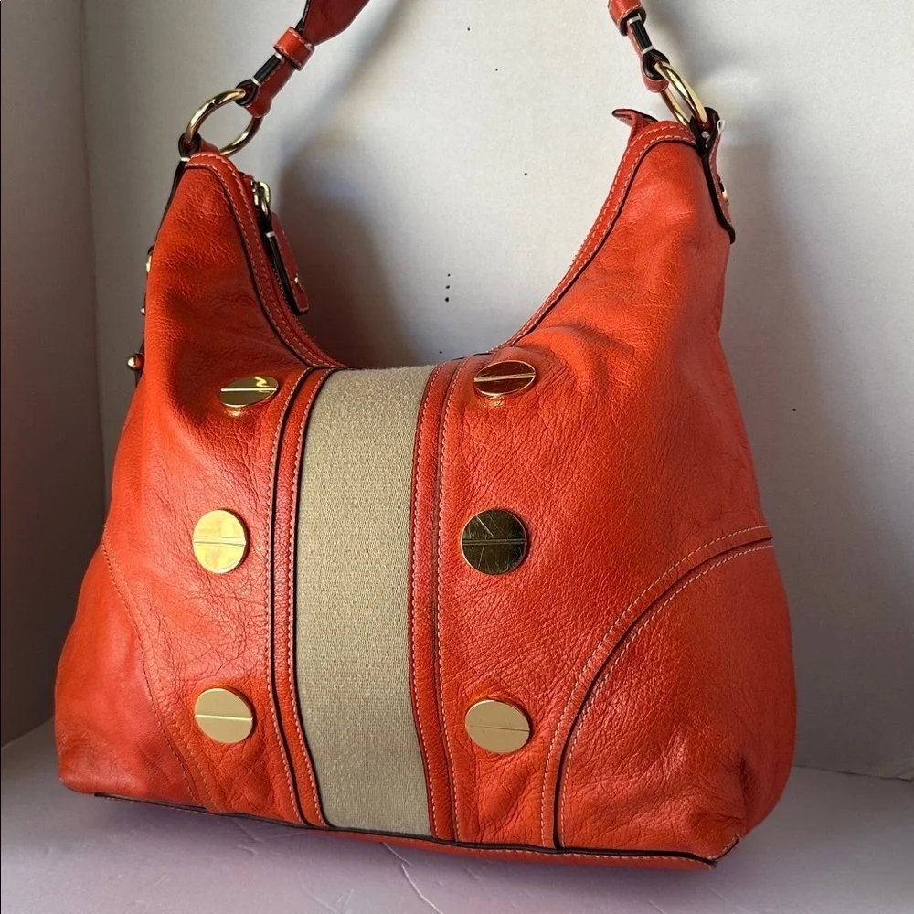 🔥 Milly Orange Coral Leather Carryall Hobo Shoulder Bag Gold Studs Suede Accent